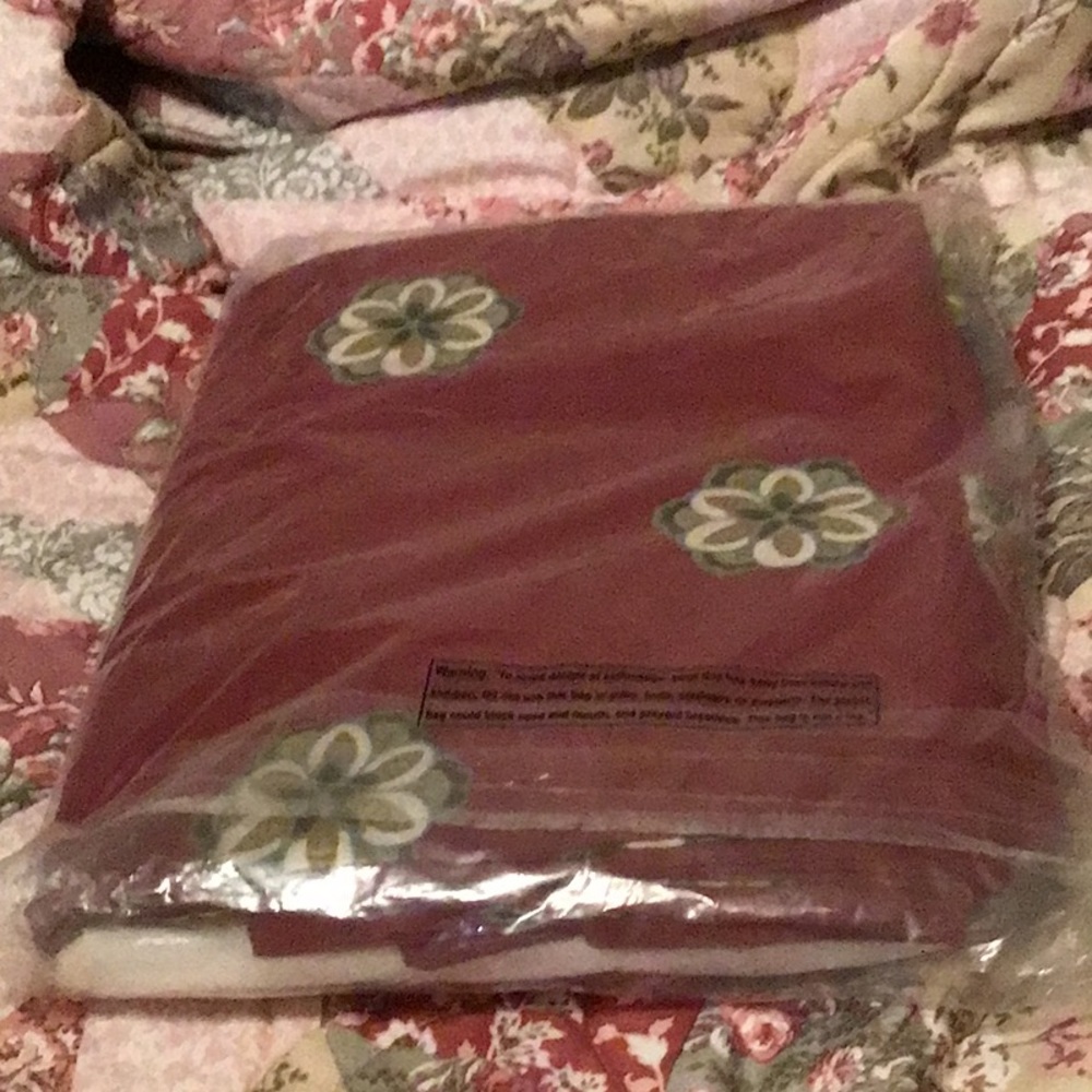 New, Queen size dust ruffle, burgundy with green, brown, and white floral detail